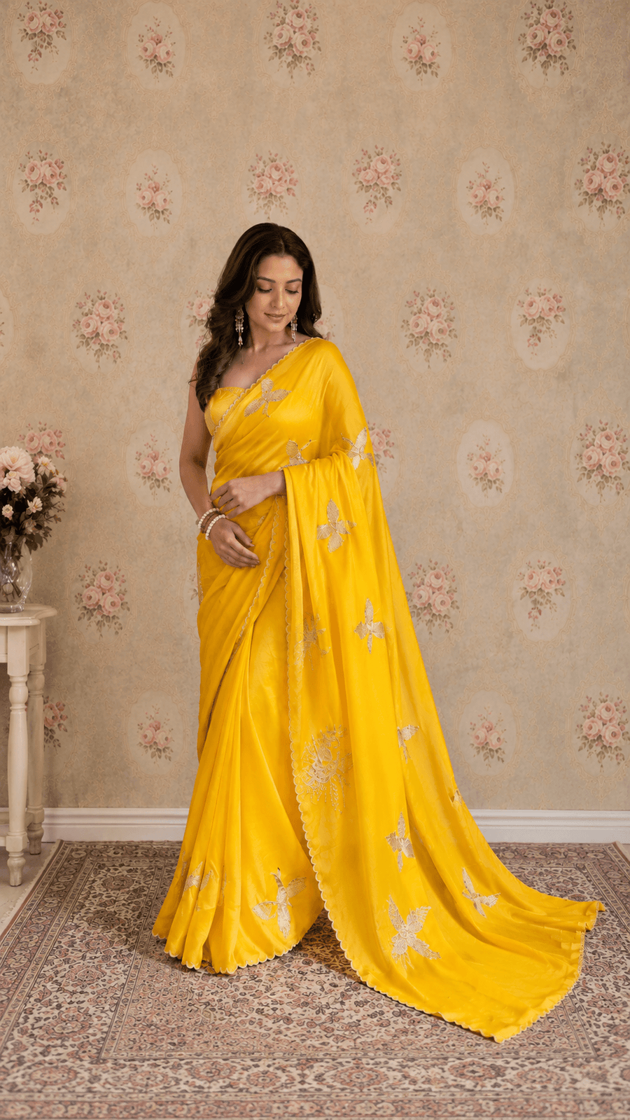 Haldi yellow handcrafted zardozi bird and flower saree