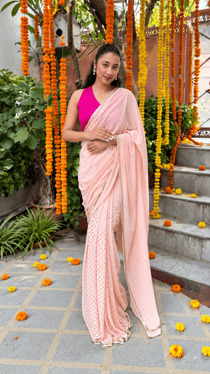 Handcrafted Teeki Dana Mukaish Nude Peach Saree
