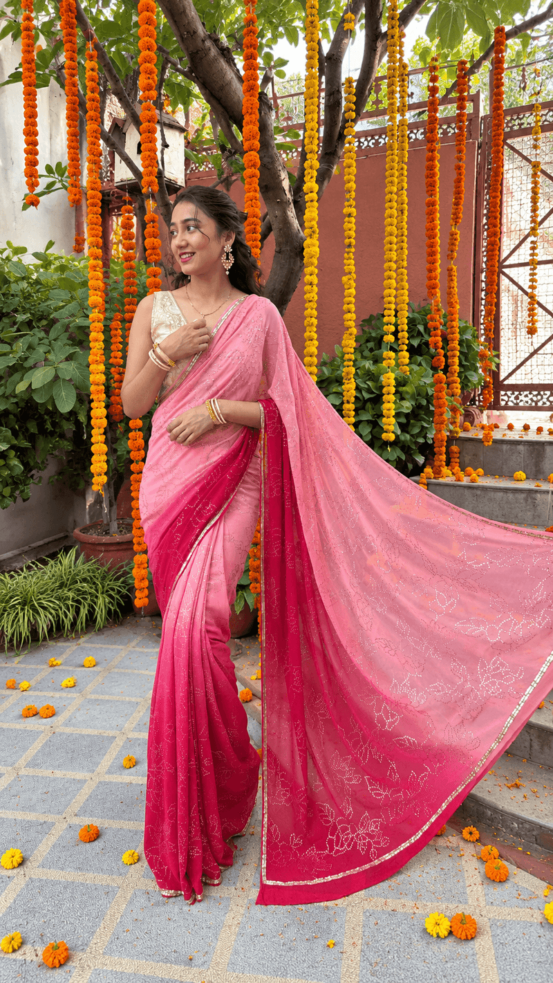 Handcrafted Rose Jaal Mukaish Red & Pink Ombre Saree