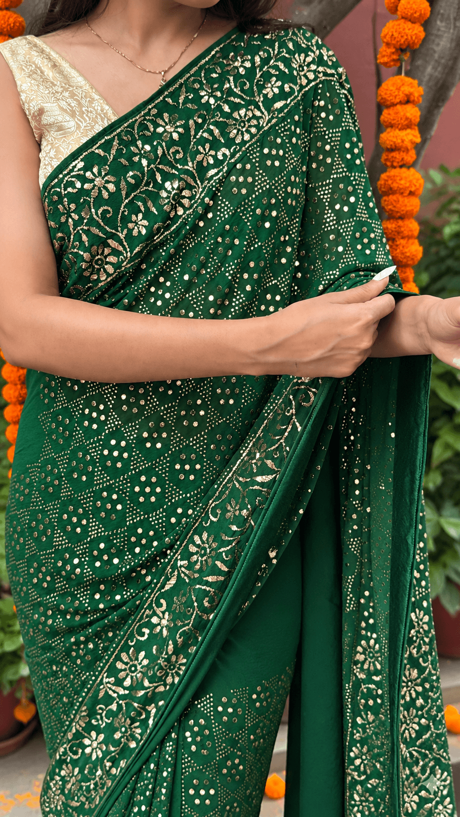 Handcrafted Mukaish Emerald Green Saree
