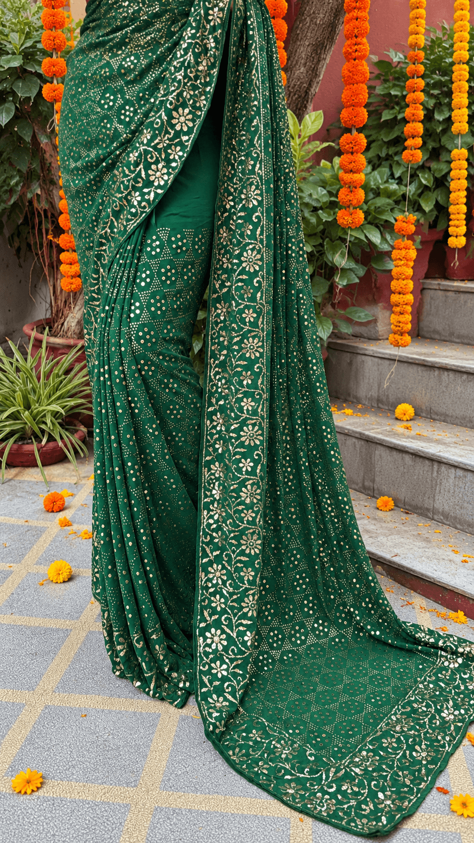 Handcrafted Mukaish Emerald Green Saree