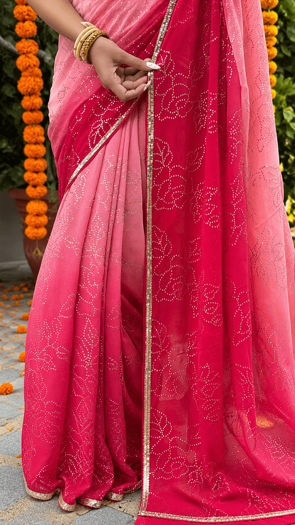 Handcrafted Rose Jaal Mukaish Red & Pink Ombre Saree