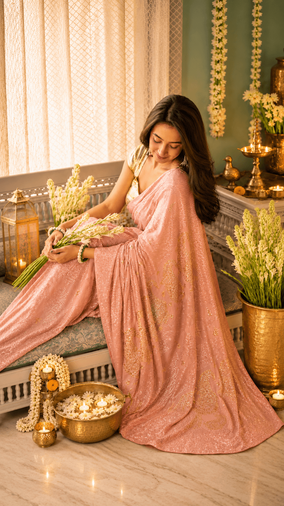 Pure Georgette Mukaish Vintage Rose Pink Saree