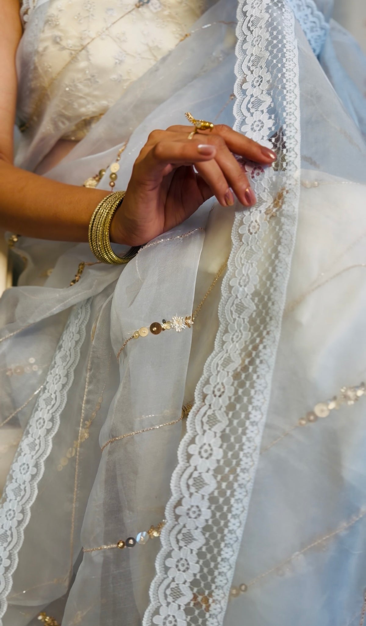 Pastel blue sequin saree
