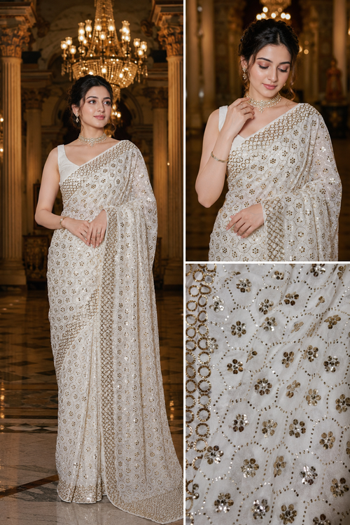 Dreamy Teeki Flower Jaal Handcrafted Mukaish saree