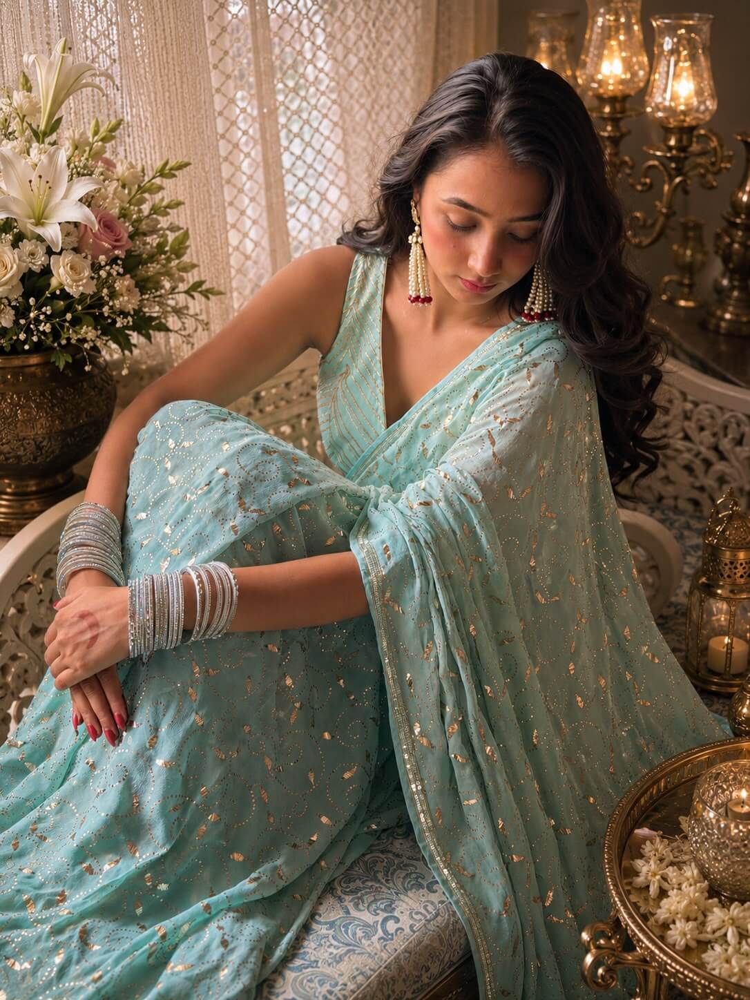 Firoze blue handcrafted mukaish saree