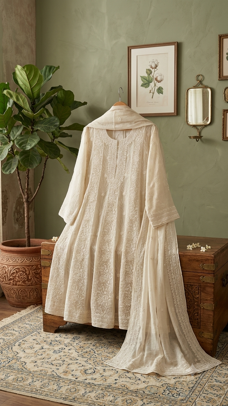 Pure Mul Chanderi handcrafted Chikan sequin cutdana kalidaar with dupatta