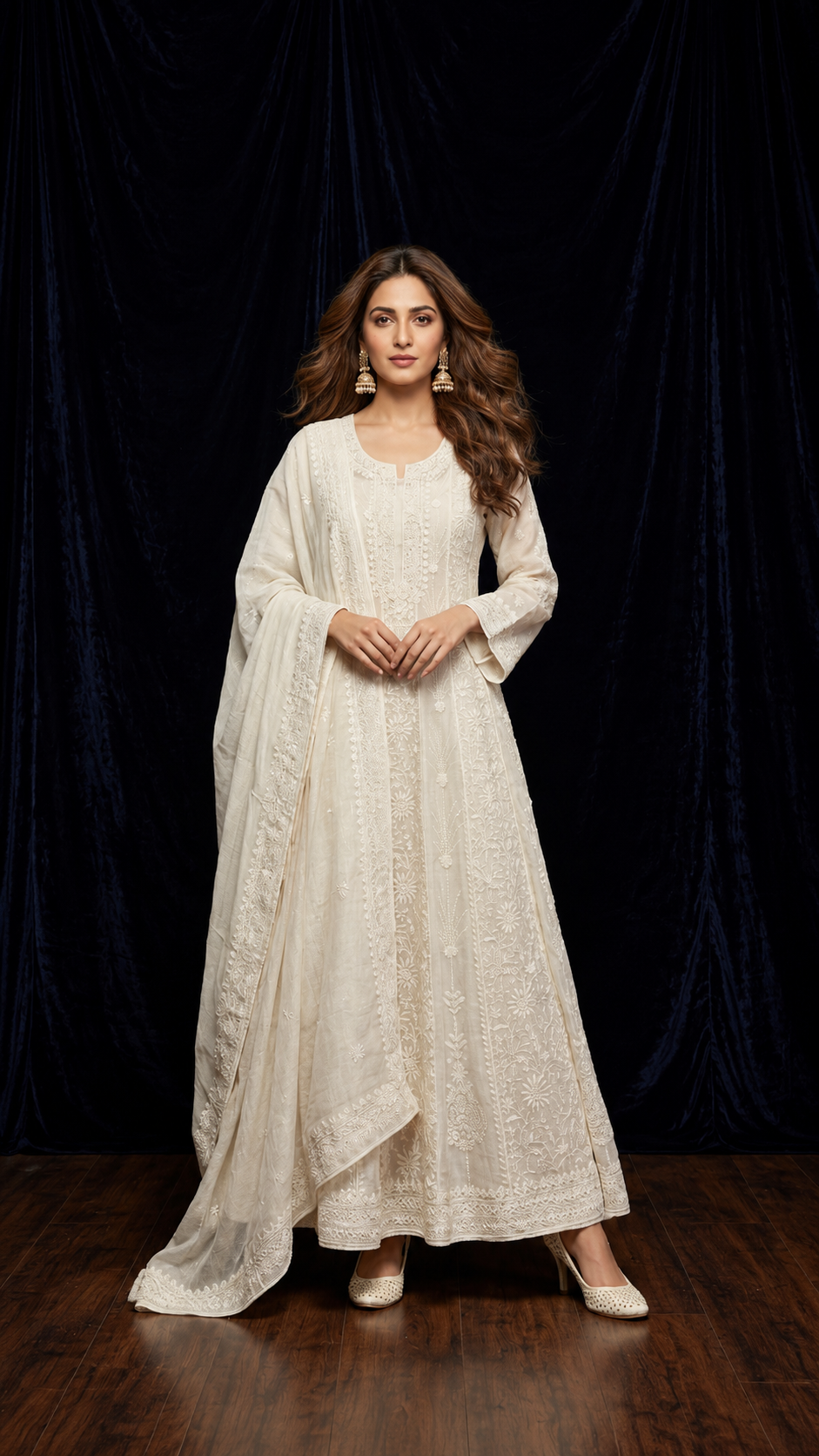 Pure Mul Chanderi handcrafted Chikan sequin cutdana kalidaar with dupatta