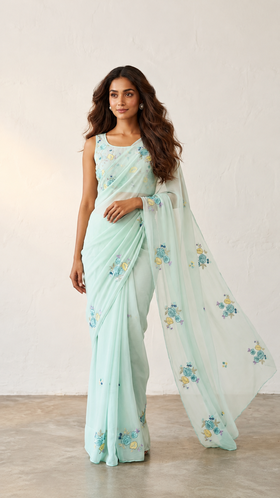 Hand embroidered Resham Mint Green Pure Chiffon Saree
