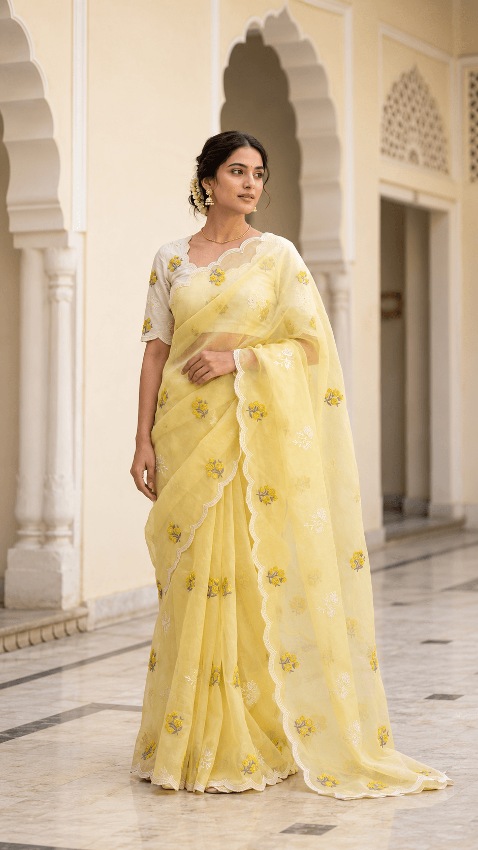Canary Yellow Handcrafted Resham Work Organza Saree