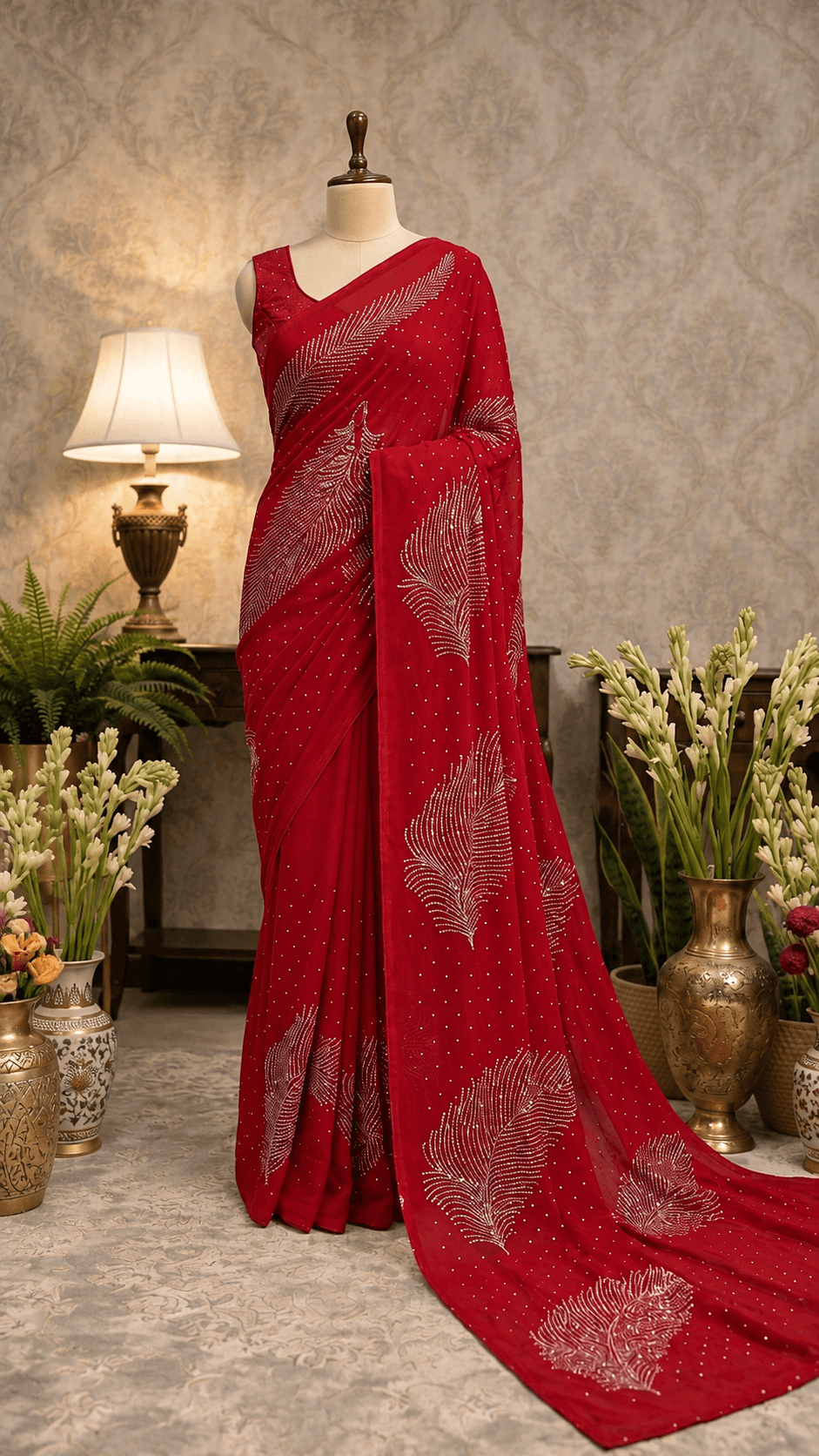The ruby red handcrafted mukaish saree