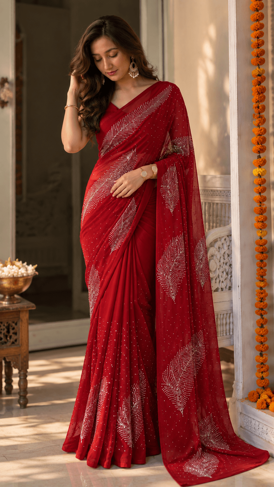 The ruby red handcrafted mukaish saree