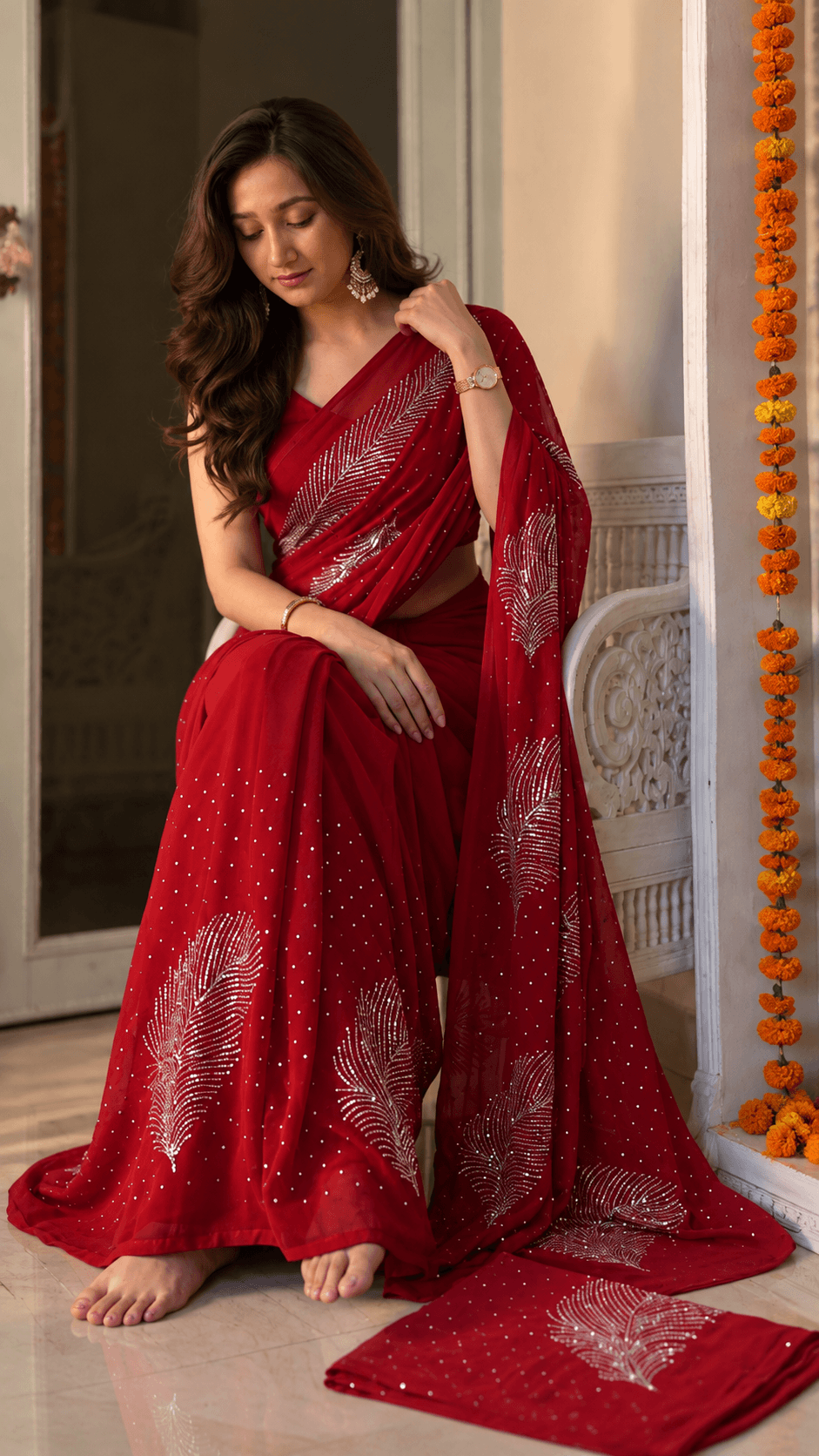 The ruby red handcrafted mukaish saree