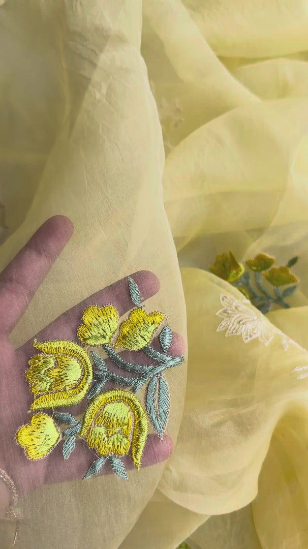 Canary Yellow Handcrafted Resham Work Organza Saree