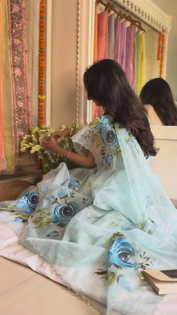 Pastel blue sequin saree