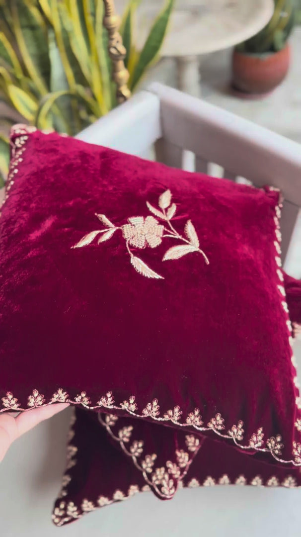 Handcrafted Maroon Velvet Zardozi Cushion Set of 4