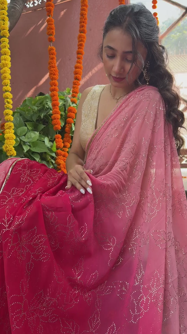 Handcrafted Rose Jaal Mukaish Red & Pink Ombre Saree