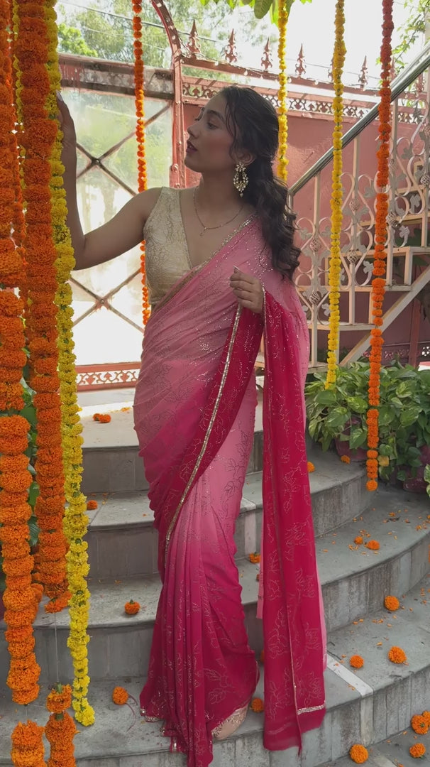 Handcrafted Rose Jaal Mukaish Red & Pink Ombre Saree
