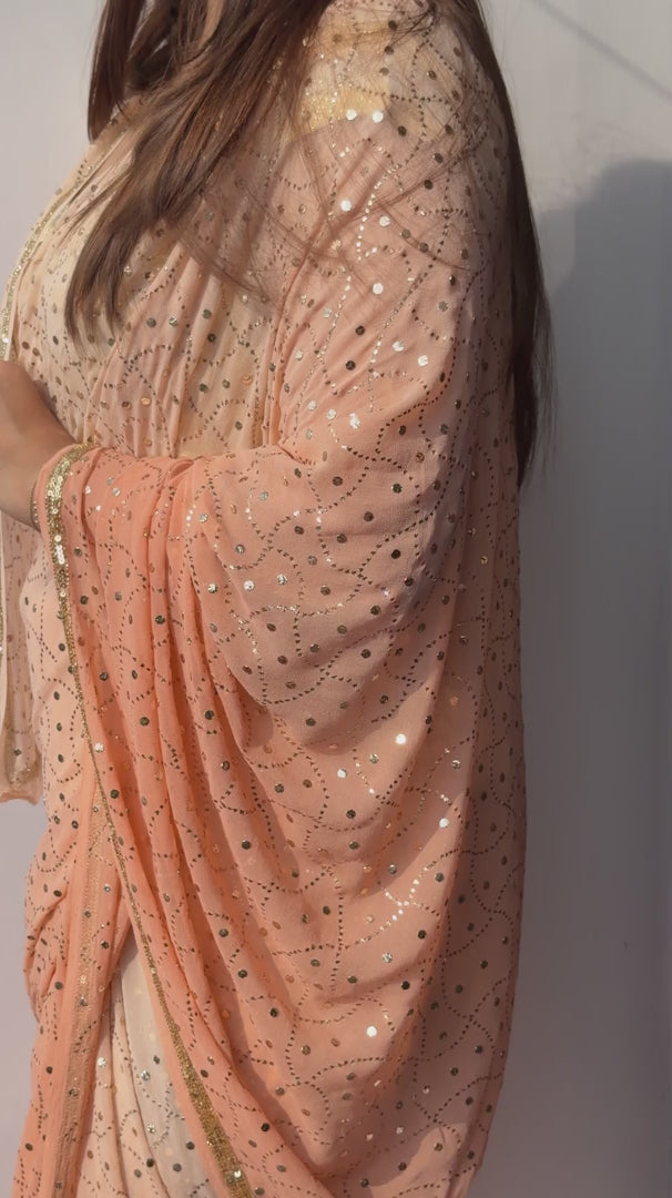Handcrafted Mukaish peach ombre saree