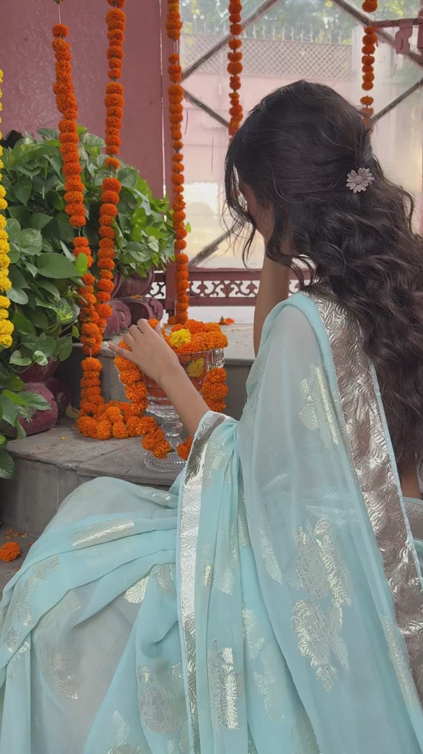 Pure Georgette Foil Work Saree with Gota Border