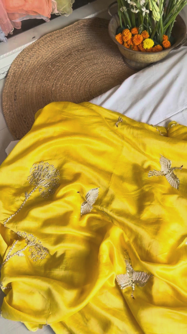 Haldi yellow handcrafted zardozi bird and flower saree
