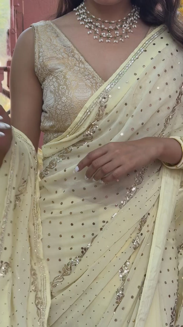 Handcrafted Chaddi Jaal Mukaish Butter Yellow Saree