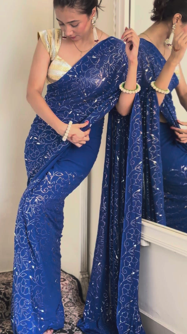 Classic electric blue handcrafted mukaish saree